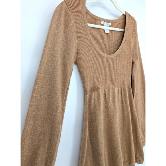 VTG Y2K Charlotte Russe Gold Metallic Babydoll Ribbed Balloon Sleeve Knit Top L - Picture 3 of 15